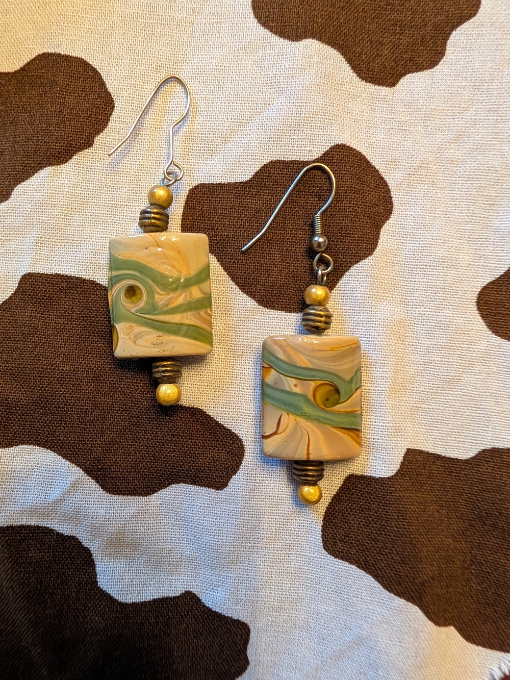 Hand Crafted Green and Cream Swirl Rectangular Glass Drop Earrings
